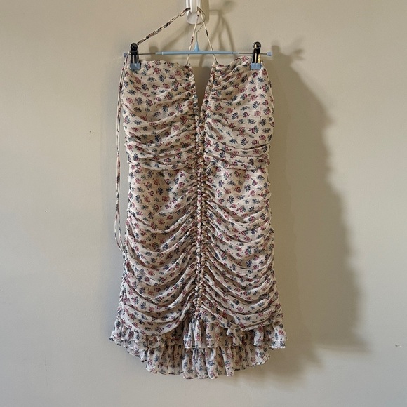Zara Dresses & Skirts - 15. | Zara | Ruched Floral Dress in Cream with Pink & Blue Blossoms